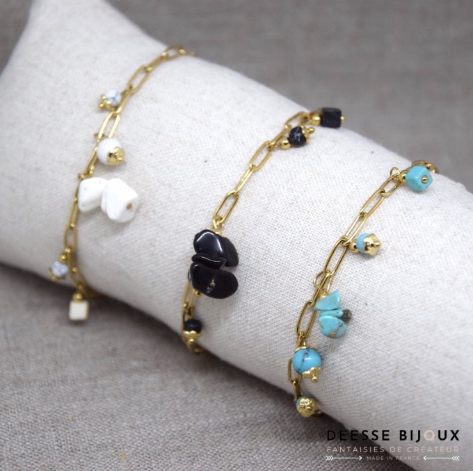 Bracelet chaine avec pierre noir, bleu ou blanc