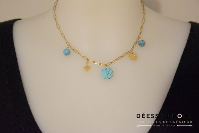 Collier acier noir ou turquoise 