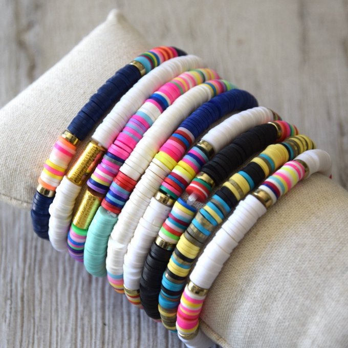 Bracelet Heishi vert, marron, corail ou bleu