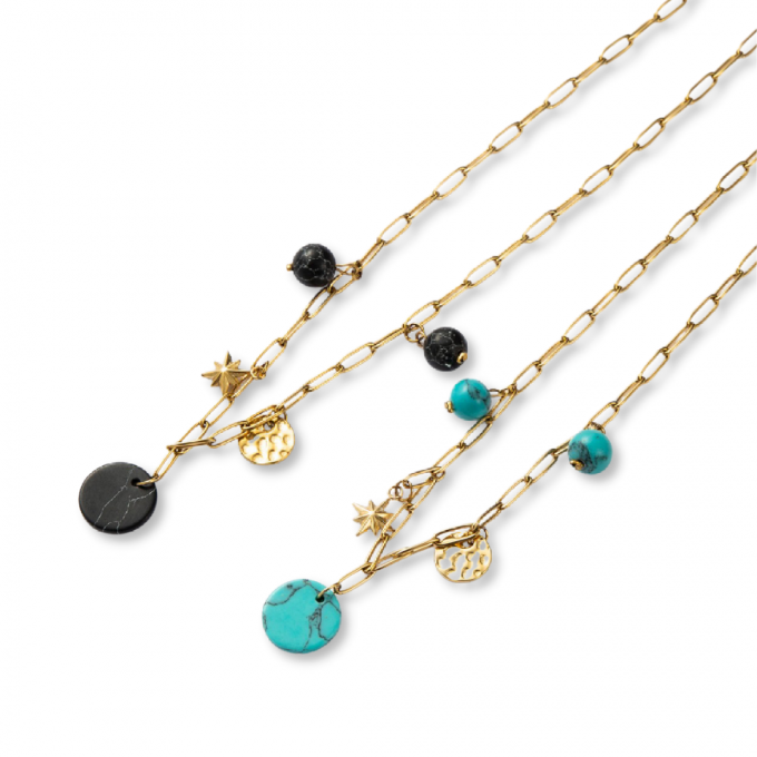 Collier acier noir ou turquoise 