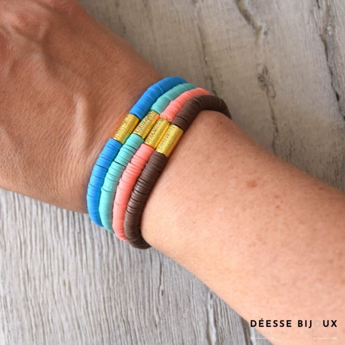 Bracelet Heishi vert, marron, corail ou bleu