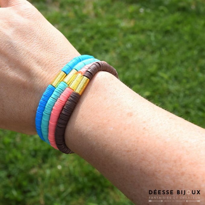 Bracelet Heishi vert, marron, corail ou bleu